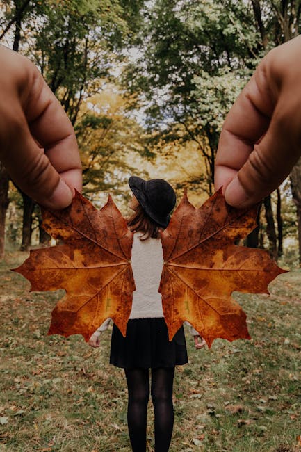 Model poses with maple leaf wings in a Boston park during fall with Best T-Shirt Printing Company